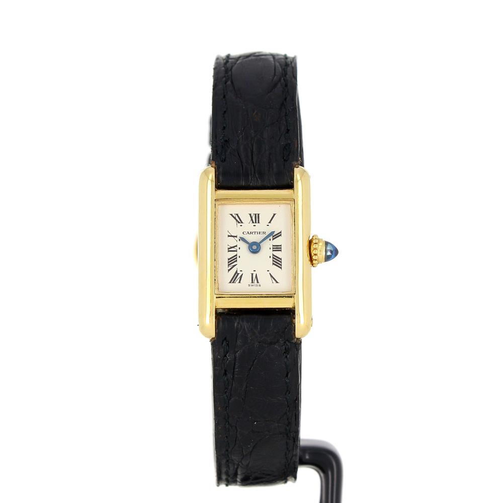 Montre Cartier Tank mini quartz or jaune sur bracelet cuir d'occasion